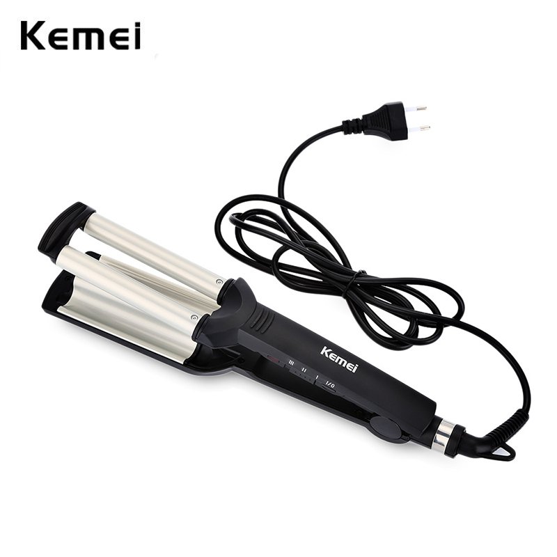 Kemei KM-2022 Hair Curling Ceramic 3 Barrel Clamp Curler - Golden & Black