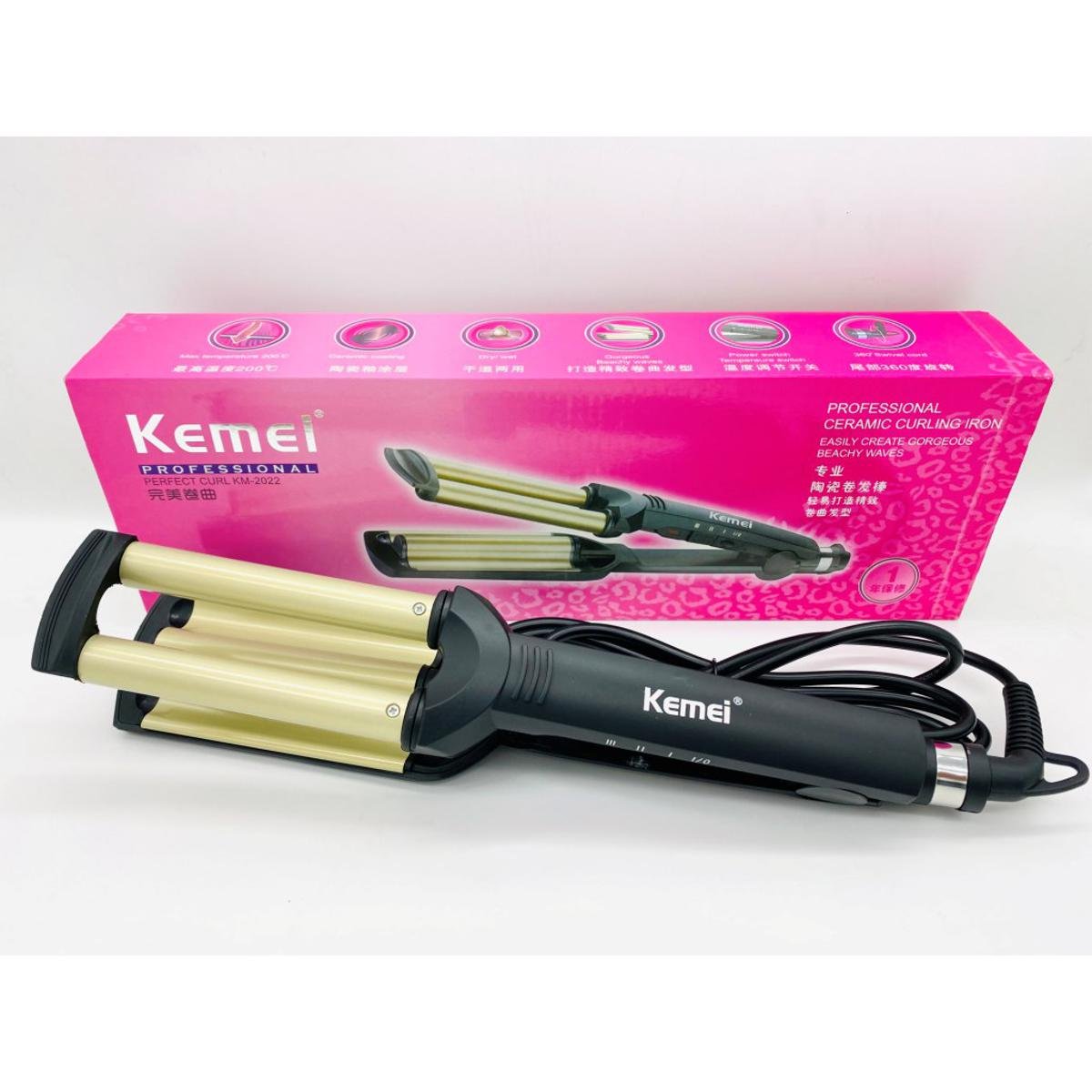 Kemei KM-2022 Hair Curling Ceramic 3 Barrel Clamp Curler - Golden & Black - Image 2