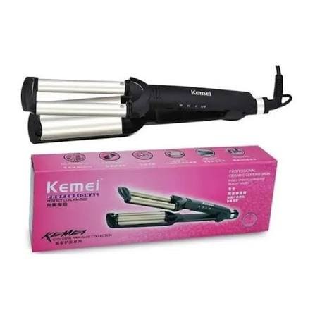 Kemei KM-2022 Hair Curling Ceramic 3 Barrel Clamp Curler - Golden & Black - Image 3