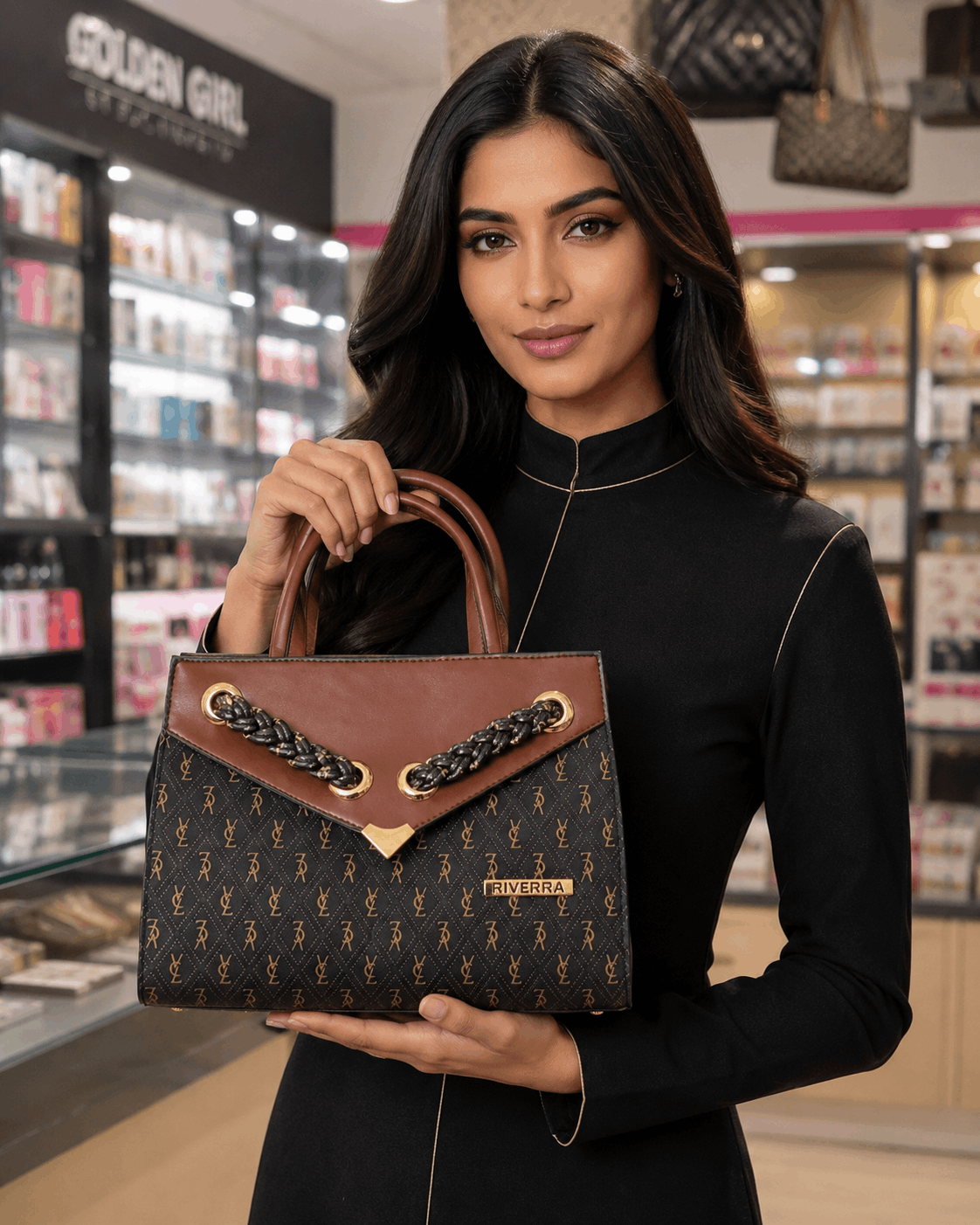 Brown & Black Monogram Structured Handbag