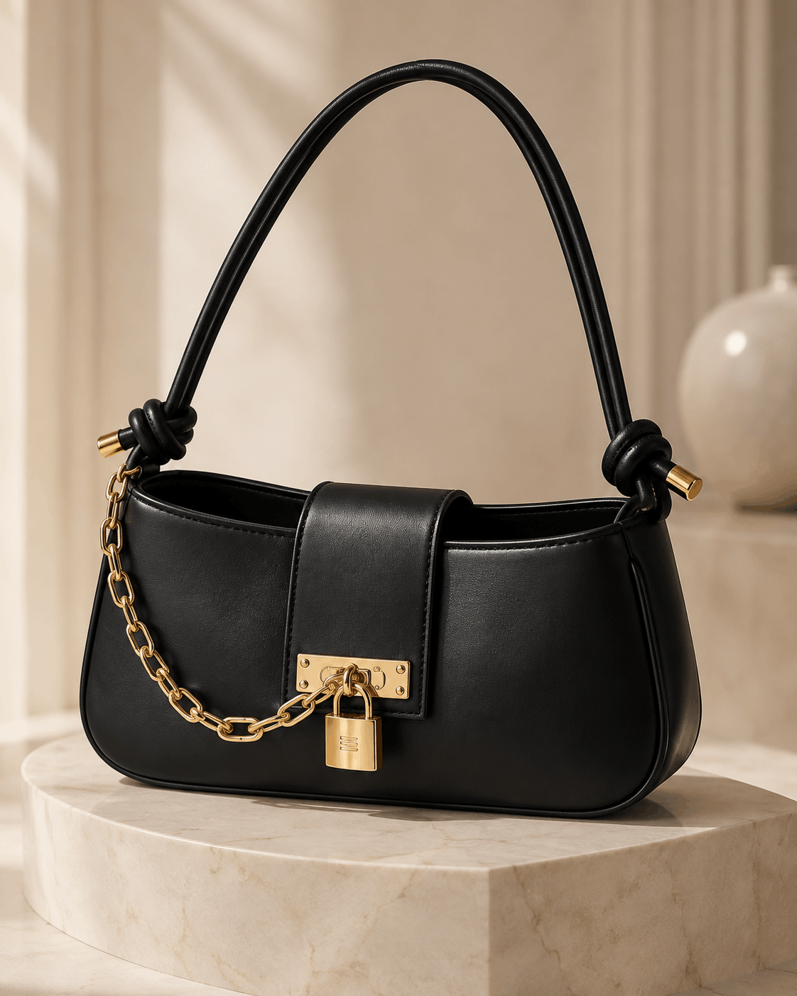 Black Chain Lock Shoulder Bag - Image 3