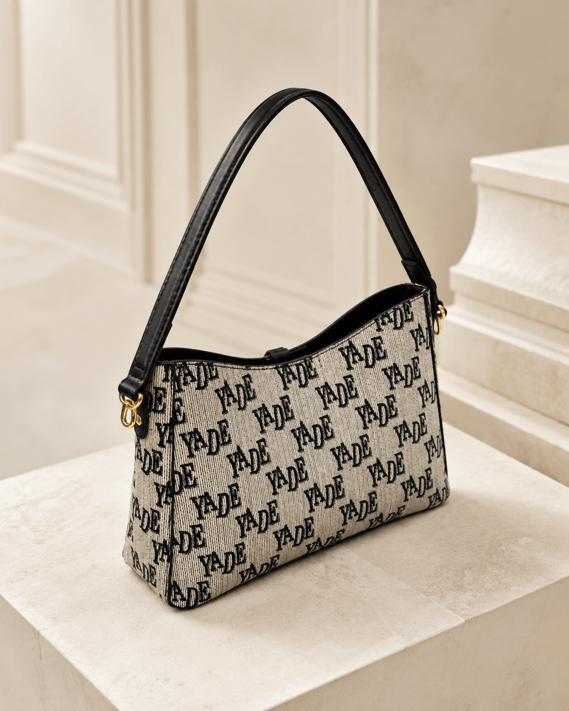 YADE Monogram Shoulder Bag – Beige & Black - Image 2