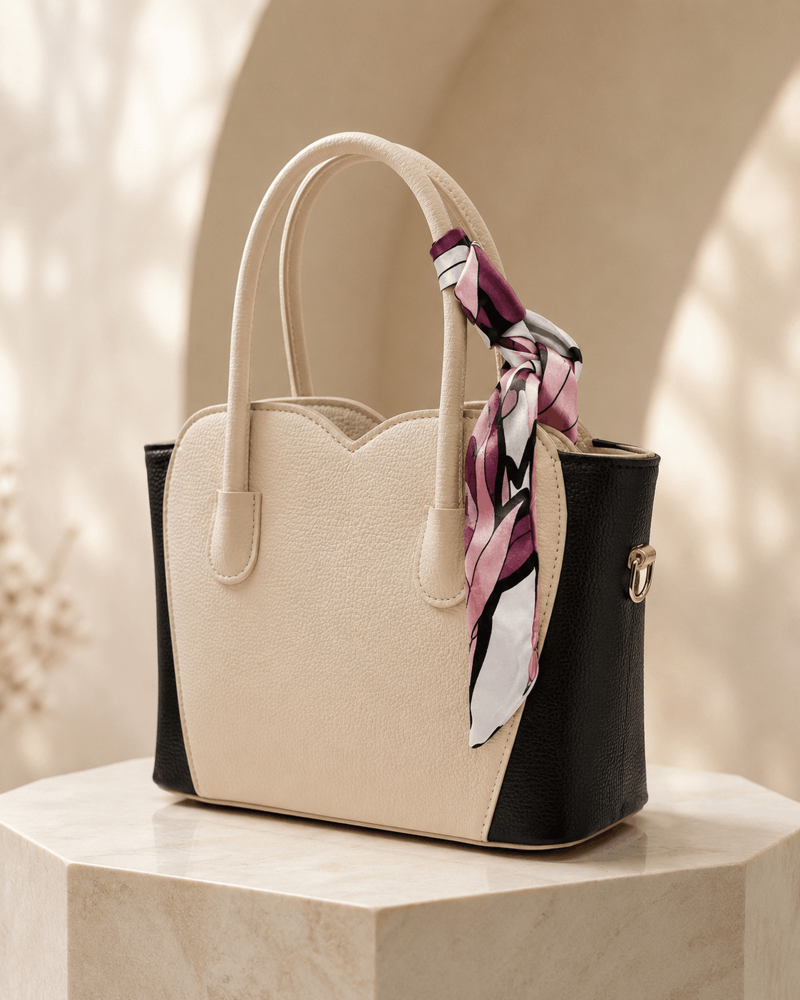 Two-Tone Scarf Handle Structured Tote Bag - Image 2