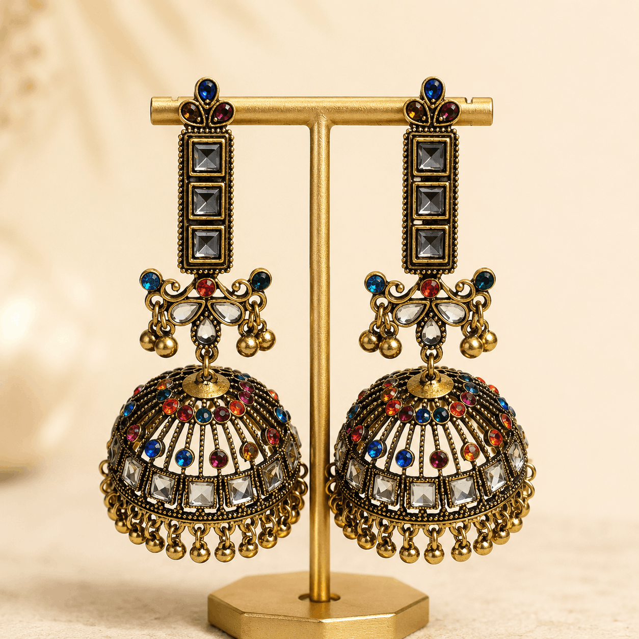 Oxidized Crescent Peacock Jhumka Earrings