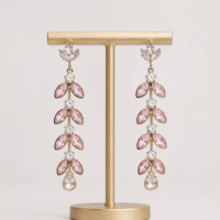 Pink Crystal Leaf Long Drop Earrings