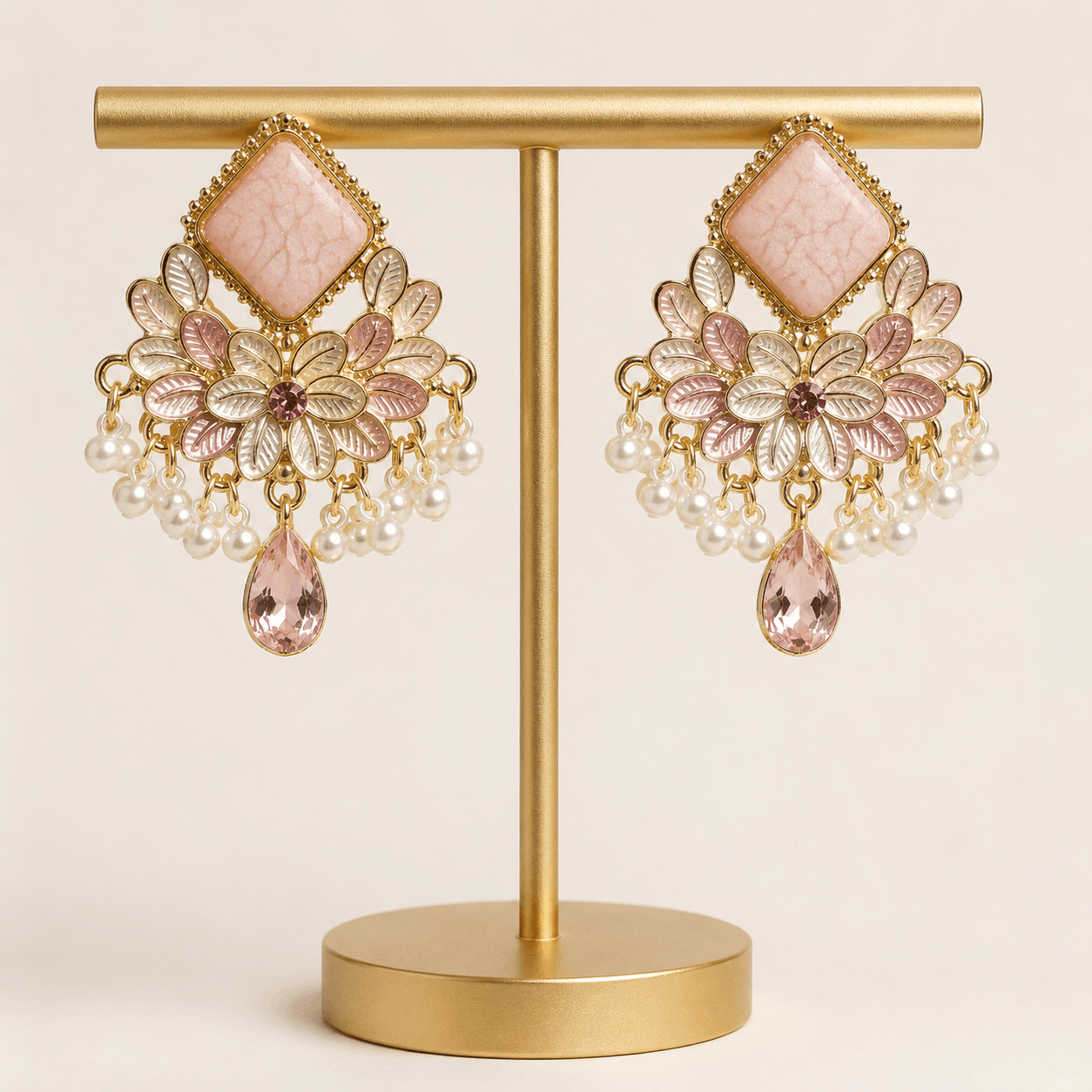 Blush Pink Floral Pearl Chandelier Earrings