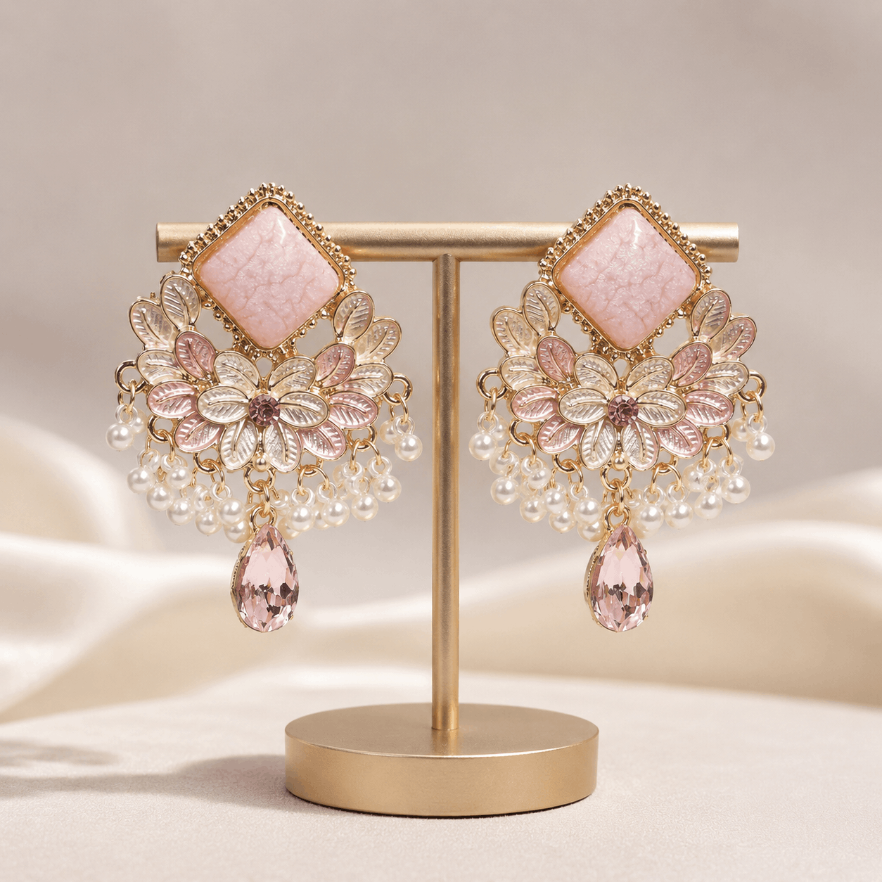 Blush Pink Floral Pearl Chandelier Earrings - Image 2