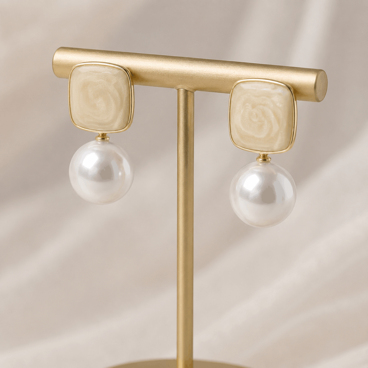 Ivory Square Stud Pearl Drop Earrings - Image 2