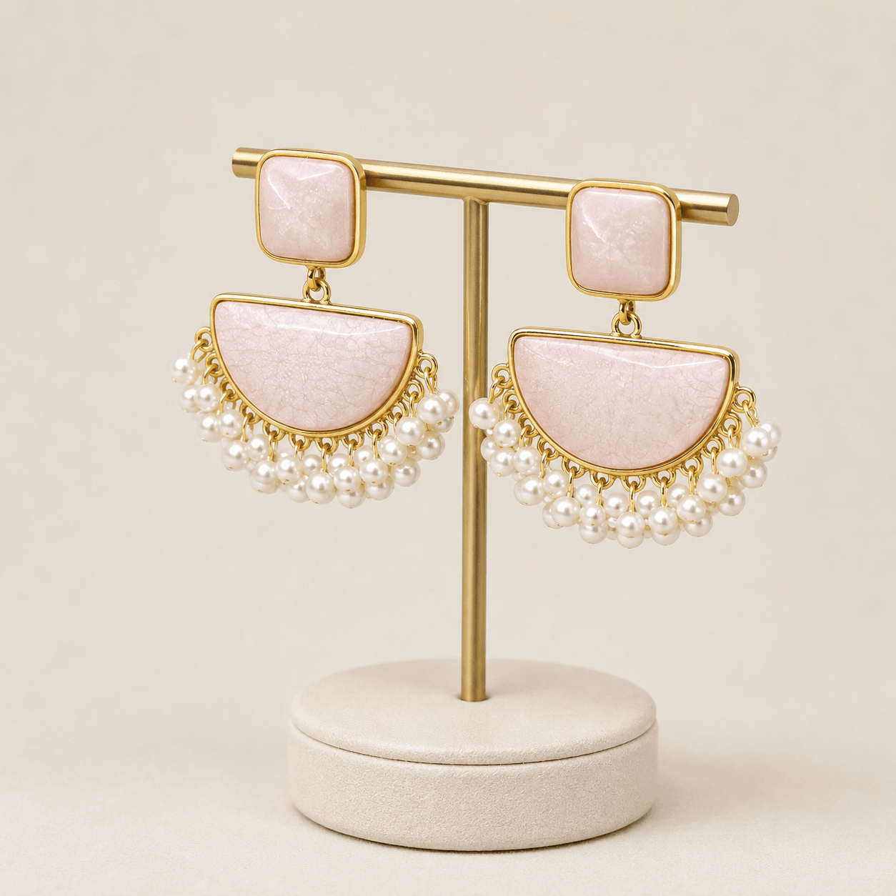 Blush Pink Fan Pearl Fringe Earrings - Image 2
