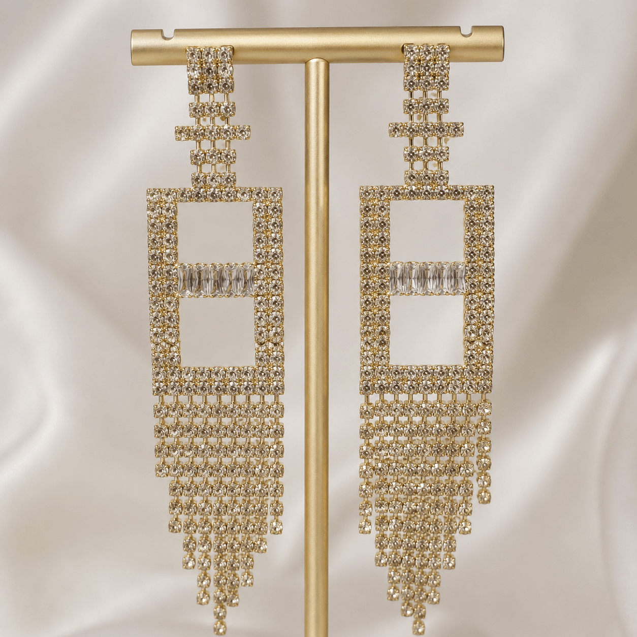 Crystal Rectangle Tassel Statement Earrings - Image 2