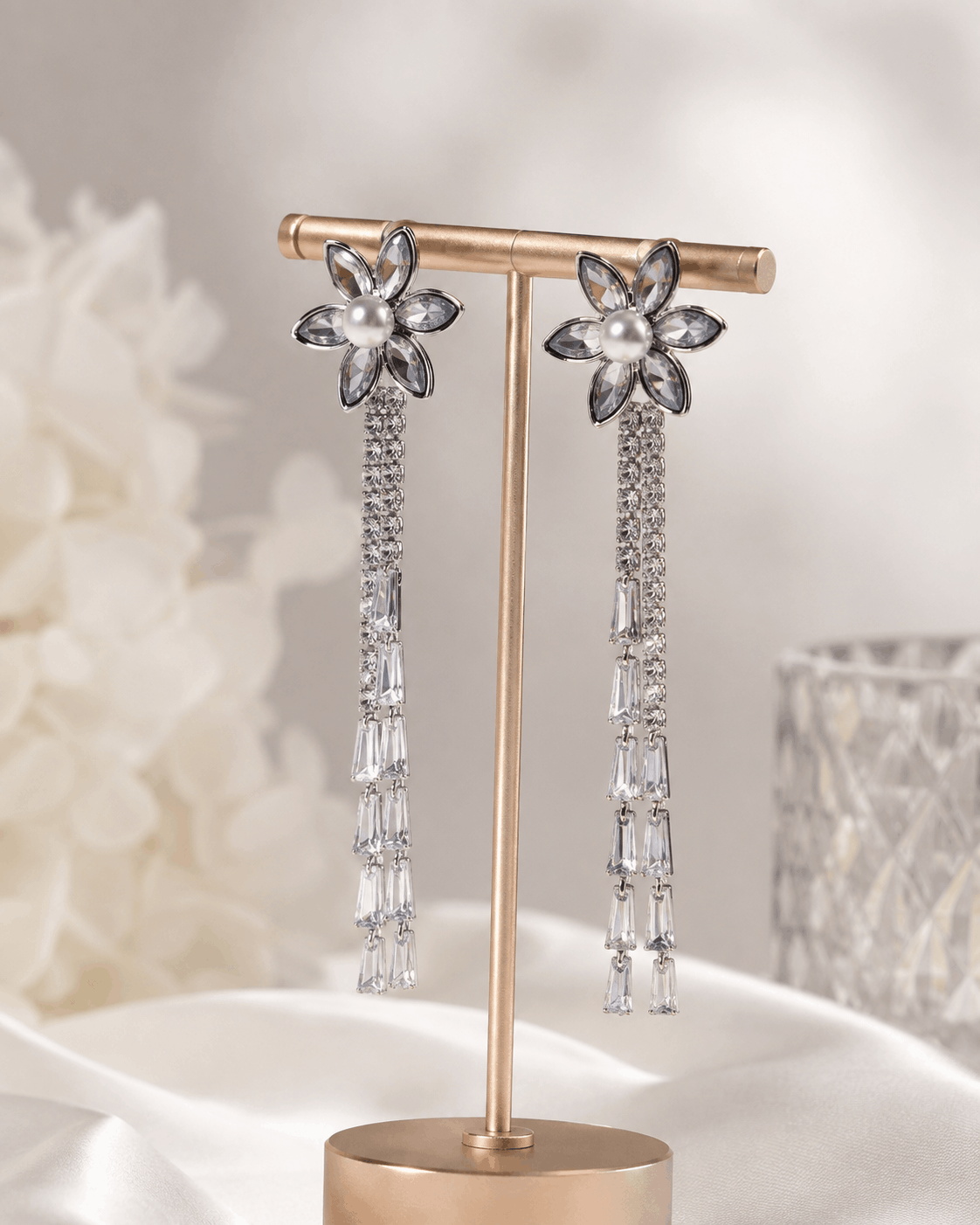 Black Crystal Checker Tassel Earrings - Image 2