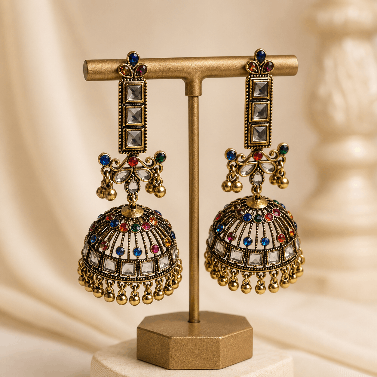 Oxidized Crescent Peacock Jhumka Earrings - Image 2