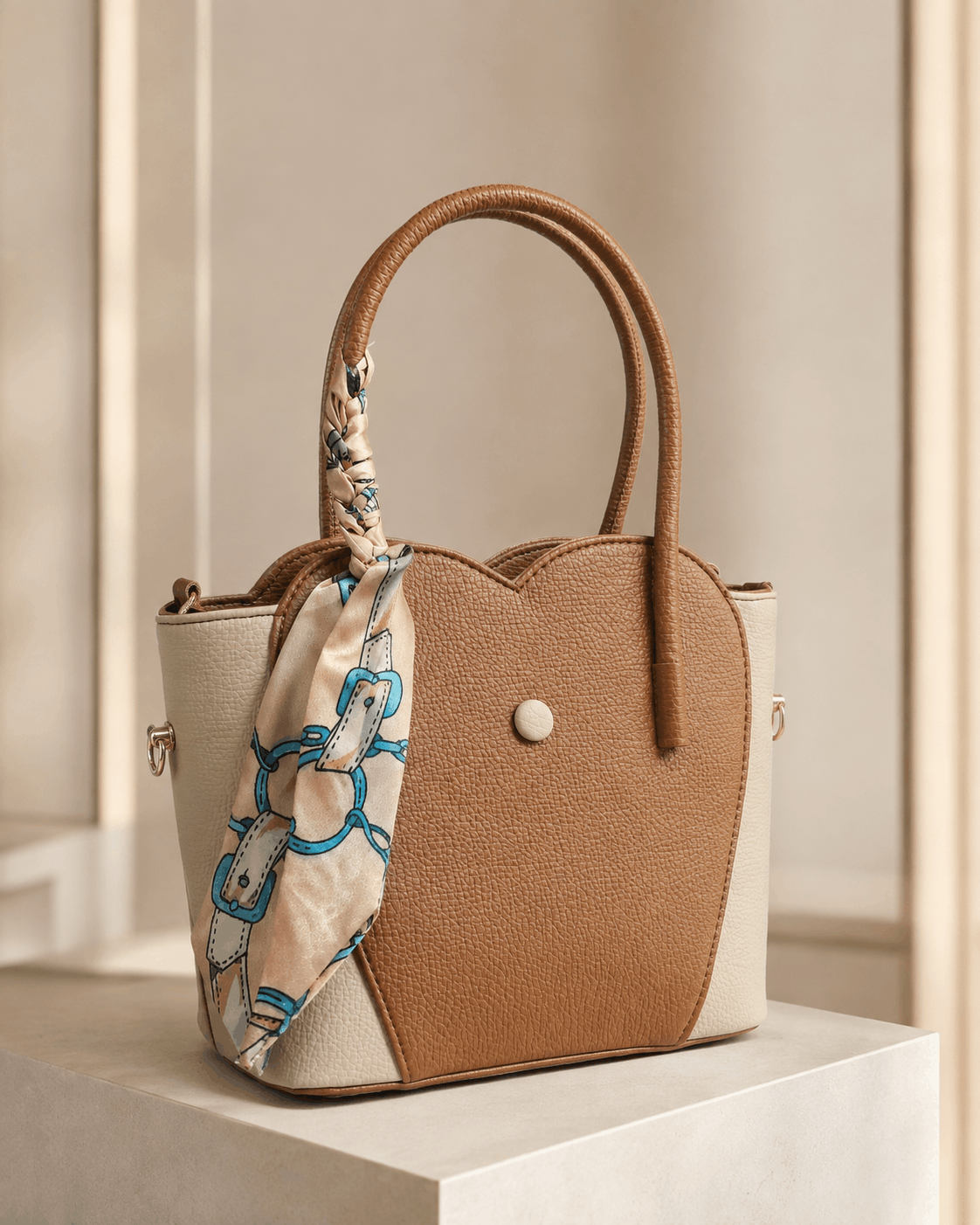 Two-Tone Scarf Handle Structured Tote Bag - Image 4