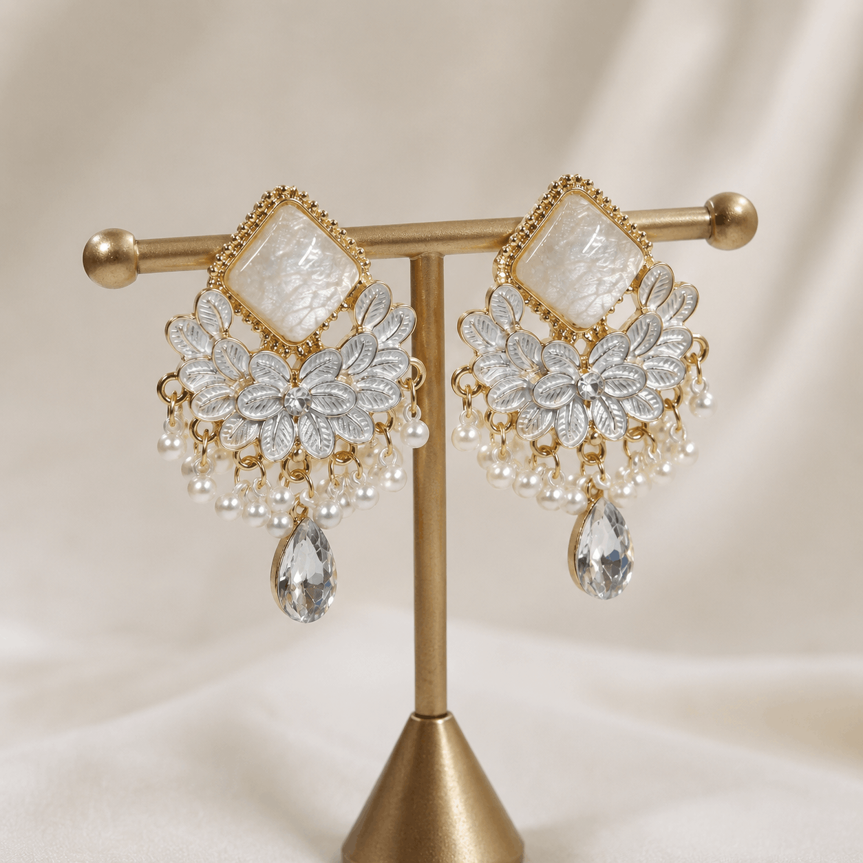 Blush Pink Floral Pearl Chandelier Earrings - Image 4