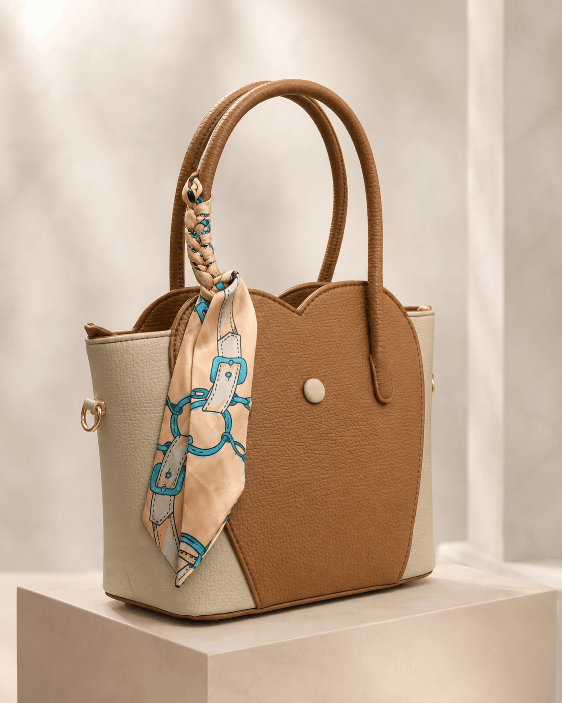 Two-Tone Scarf Handle Structured Tote Bag