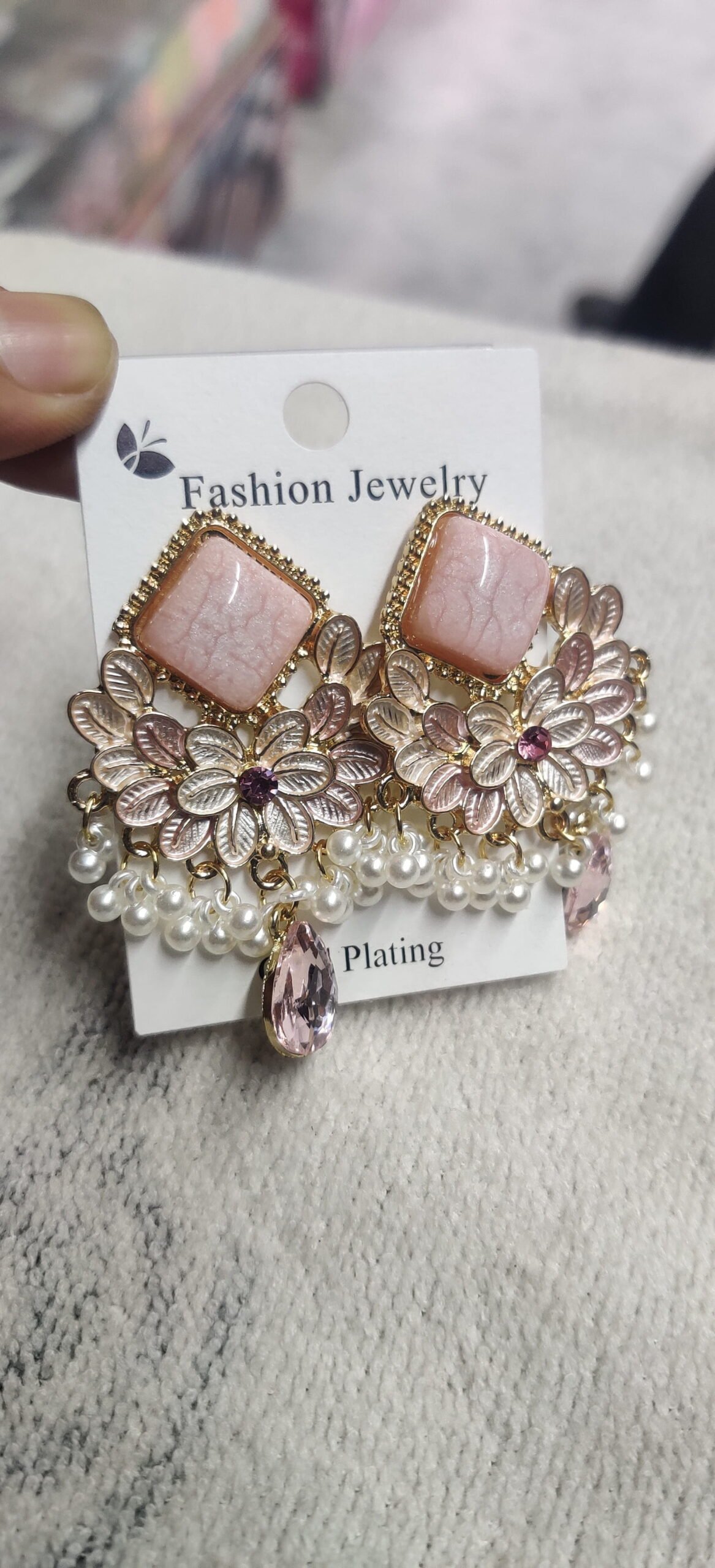 Blush Pink Floral Pearl Chandelier Earrings - Image 5