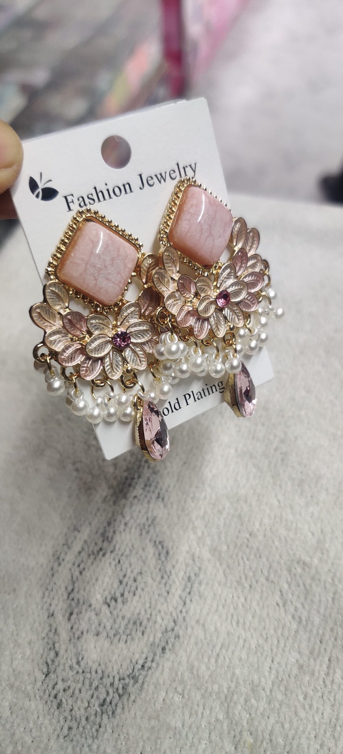 Blush Pink Floral Pearl Chandelier Earrings - Image 6