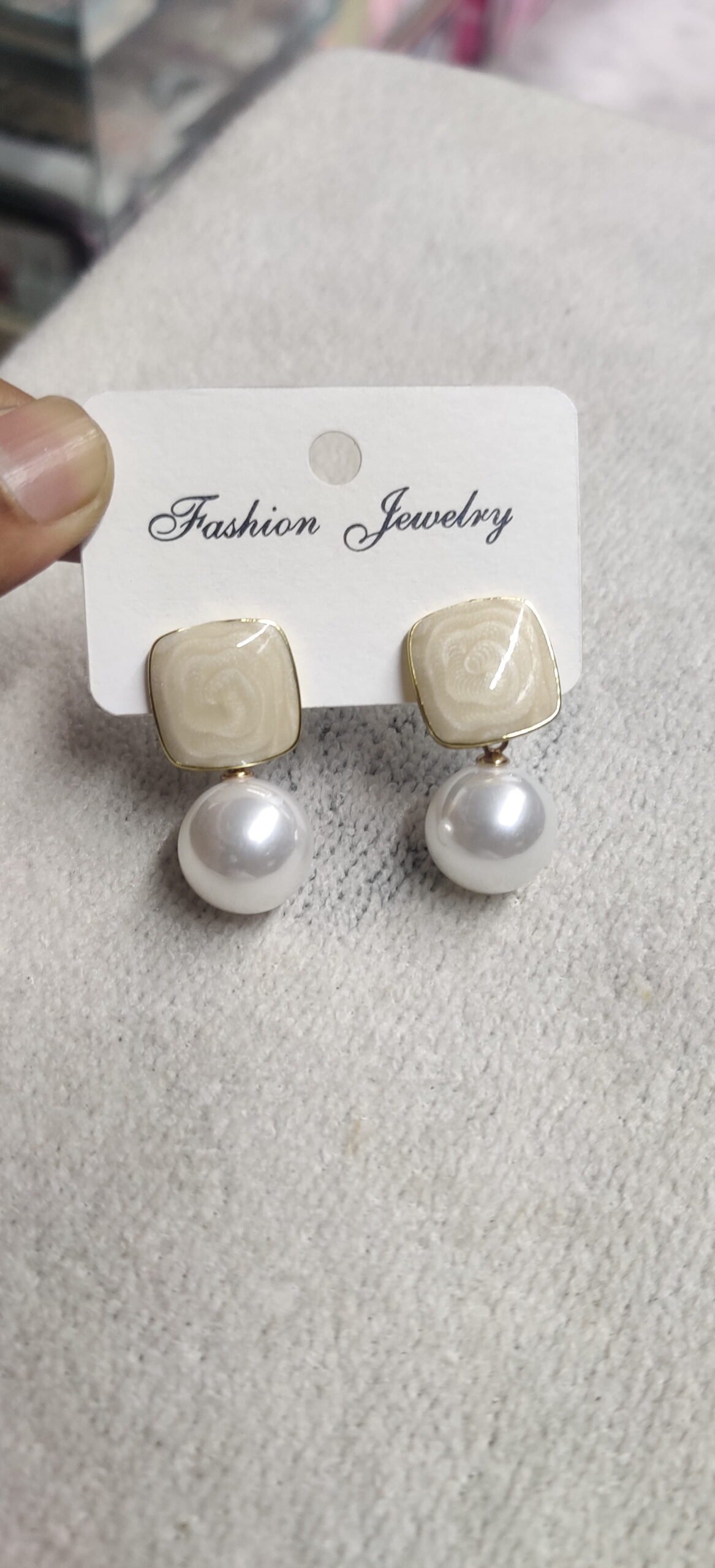 Ivory Square Stud Pearl Drop Earrings - Image 3
