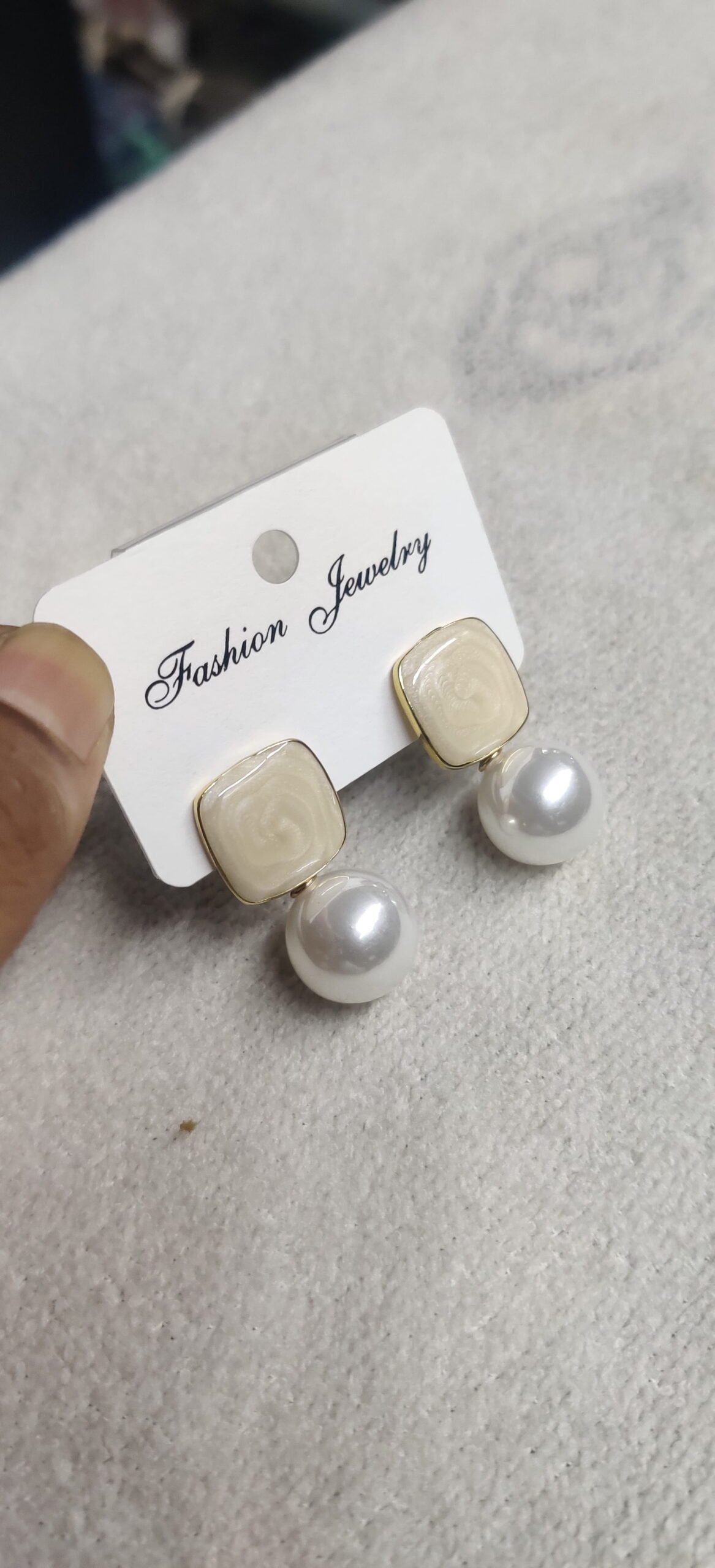 Ivory Square Stud Pearl Drop Earrings - Image 4