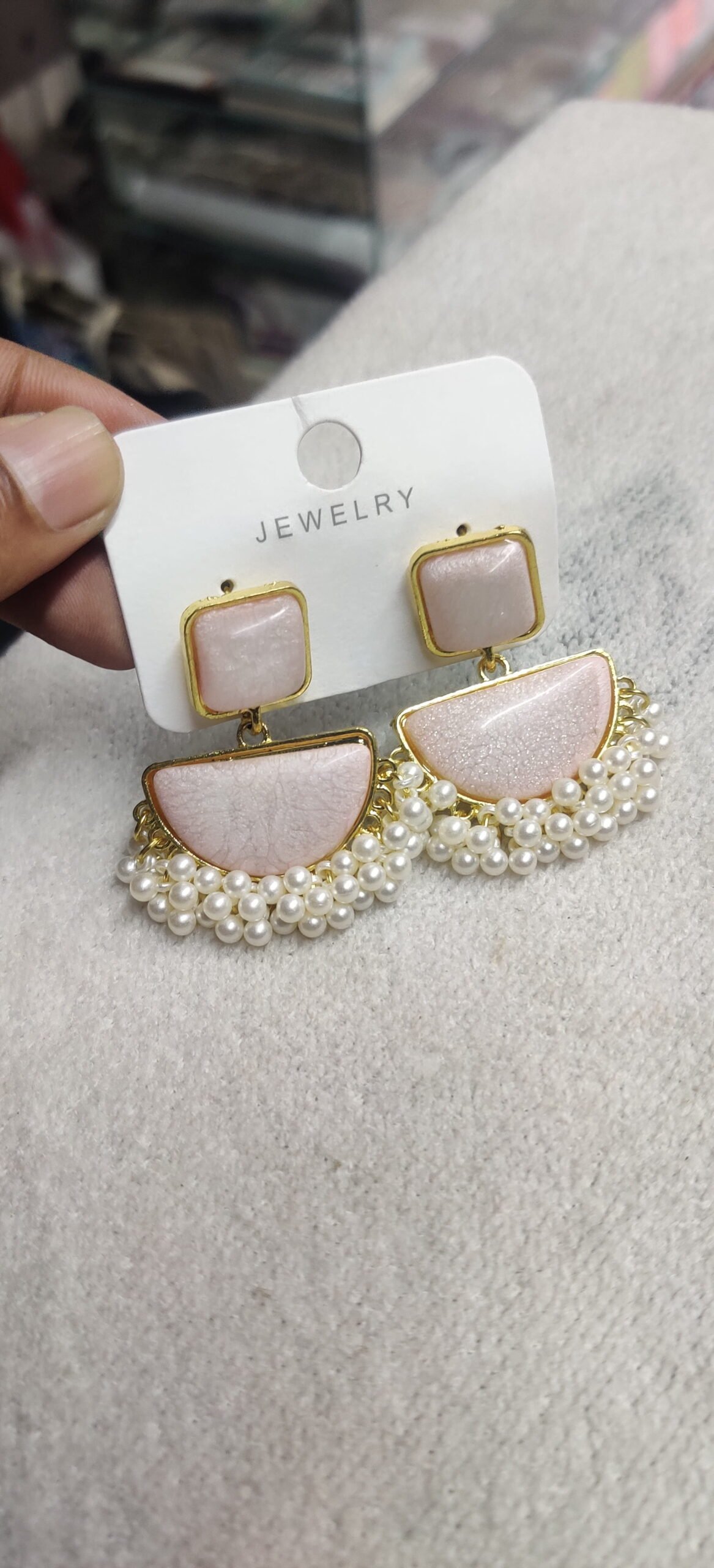 Blush Pink Fan Pearl Fringe Earrings - Image 3