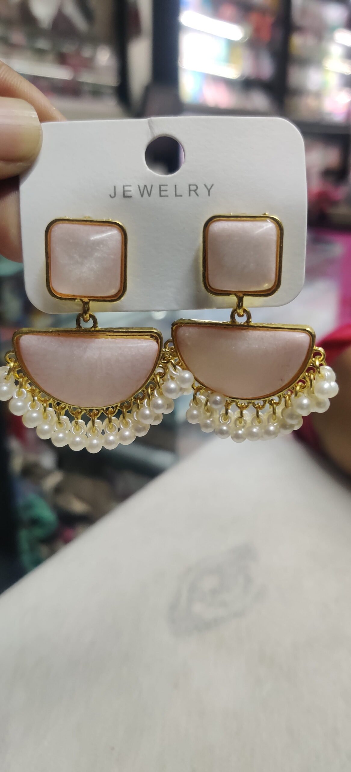 Blush Pink Fan Pearl Fringe Earrings - Image 4
