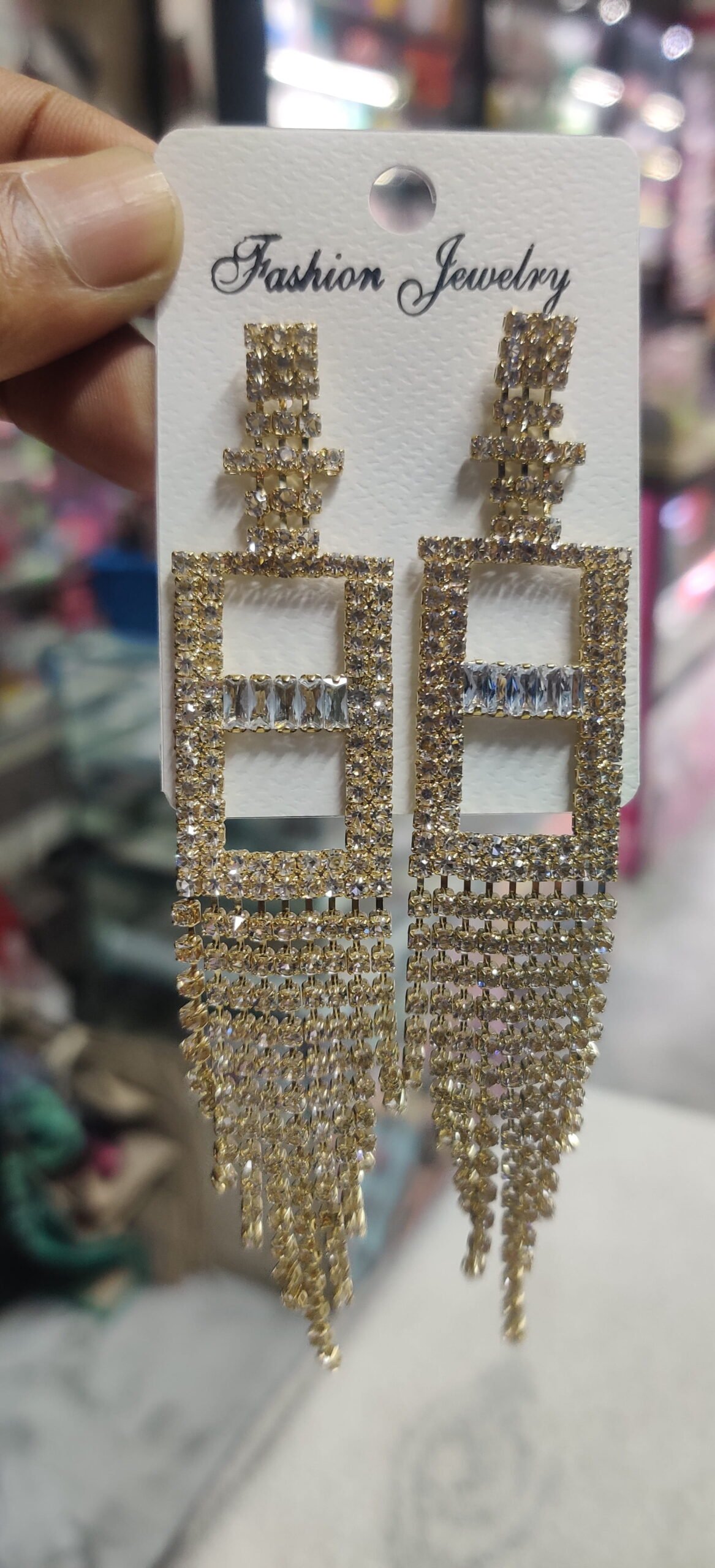 Crystal Rectangle Tassel Statement Earrings - Image 3