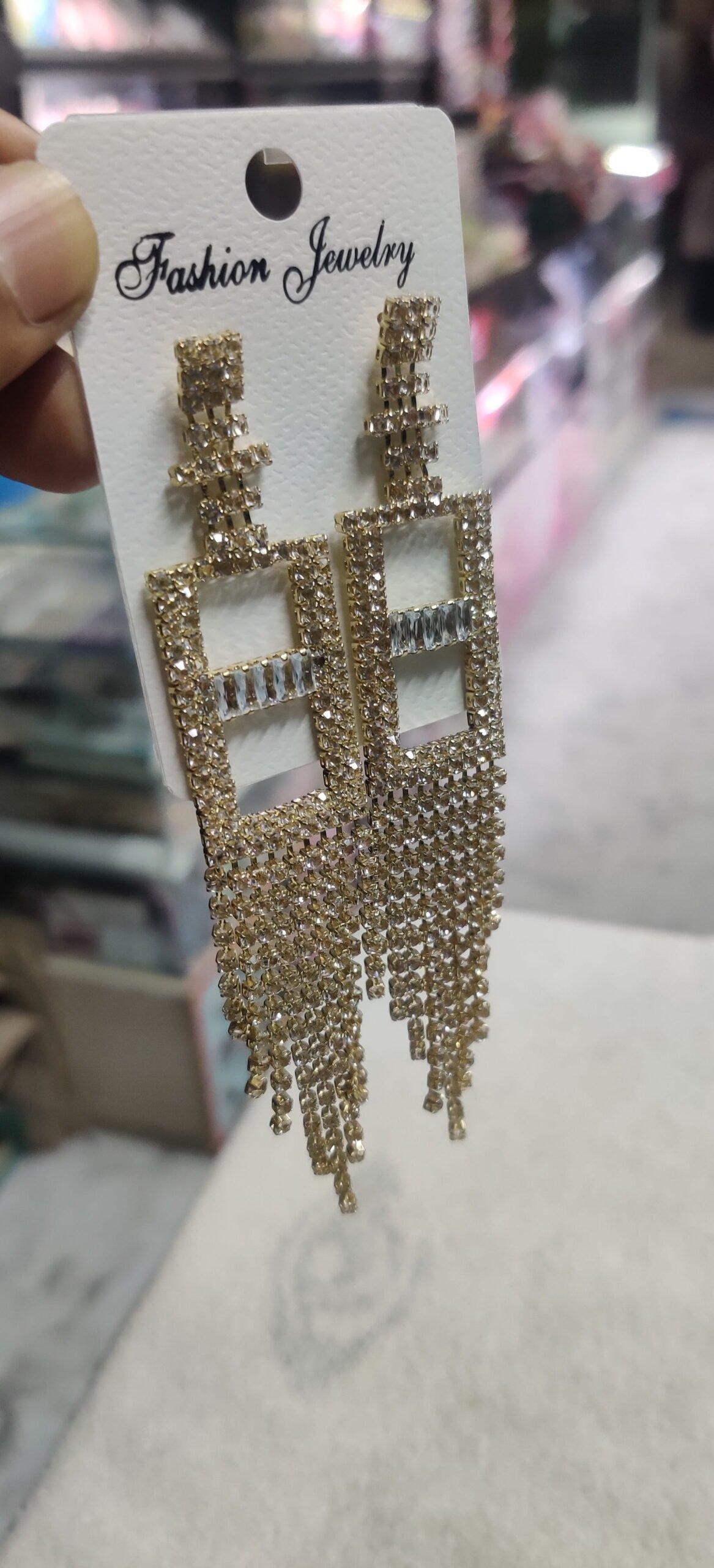Crystal Rectangle Tassel Statement Earrings - Image 4
