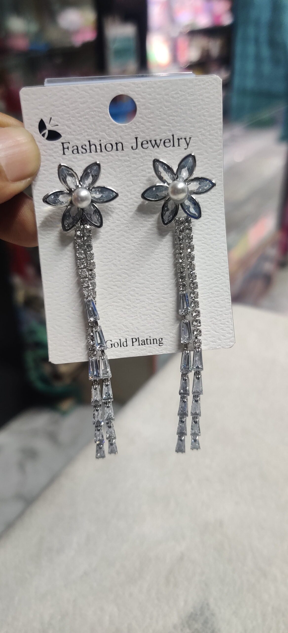 Black Crystal Checker Tassel Earrings - Image 3