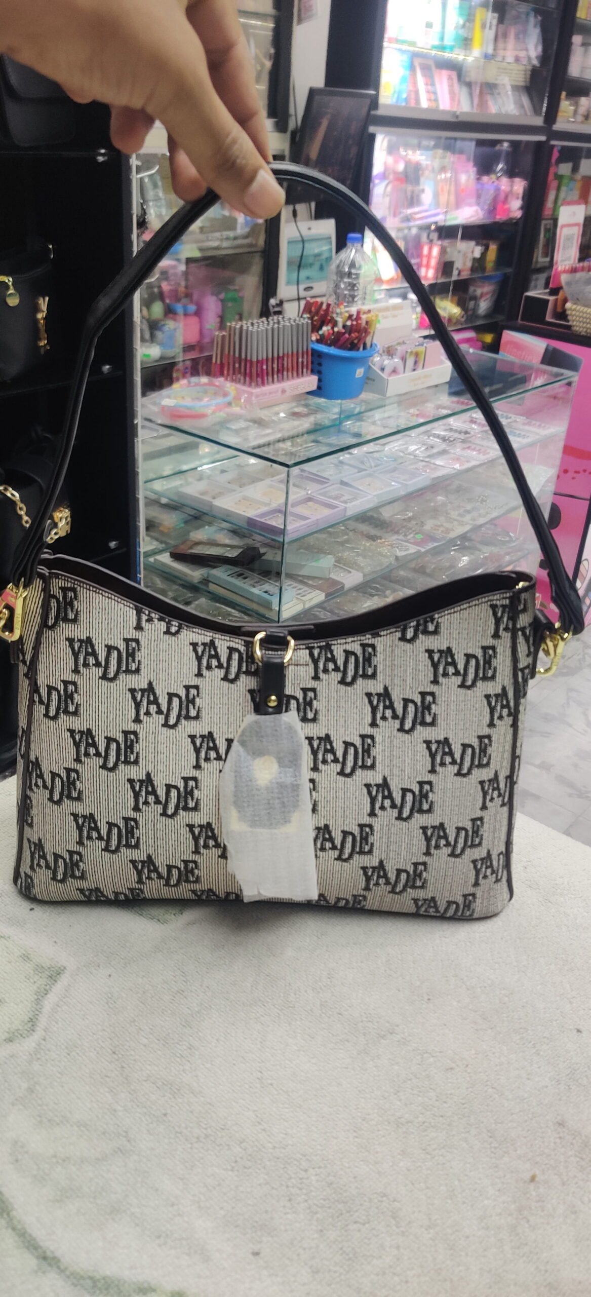 YADE Monogram Shoulder Bag – Beige & Black - Image 3